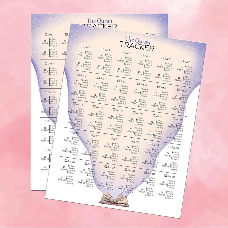 May include: A printable Quran tracker with a watercolor background. The tracker is divided into 30 sections, each representing a Juz of the Quran. Each section has a box for each day of the month, with space to mark off the number of chapters read. The tracker features a stylized image of an open book at the bottom.