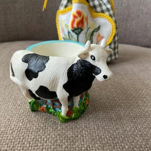 Vintage Hand Painted Resin Cow Egg Cup with Cotton Lined Egg Cosy