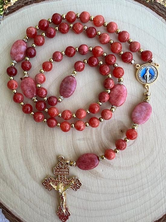 Handmade Rhodochrosite Rosary: Miraculous Medal, Catholic Gift