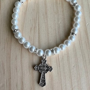 Handmade Pearl Bracelet: Celtic Cross Charm, Rhinestone Spacers