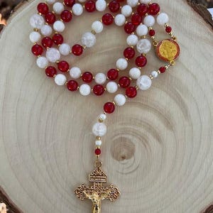 Precious Blood of Jesus Rosary, Saint Benedict Medal, Red and Rosary, Gold Cross, Catholic Gift, Devotional Rosary, Beautiful Rosary, Unique