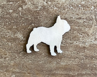 May include: White wooden cutout of a French Bulldog silhouette.