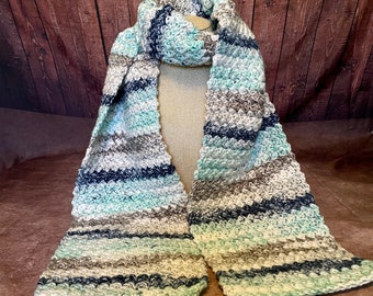 Handmade Crochet Winter Scarf in Blue, Gray, White, and Aqua