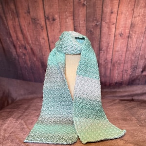 Handmade Crochet Scarf, Blue Green Chunky Knit Acrylic Winter Scarf