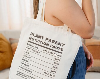 Plant Parent Nutrition Facts Tote Bag - Funny Gardener Gift, Eco Friendly Reusable Canvas Shopping