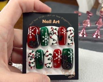 Custom Christmas Mouse Icons, String Lights and Snowflakes Cateye False Nails