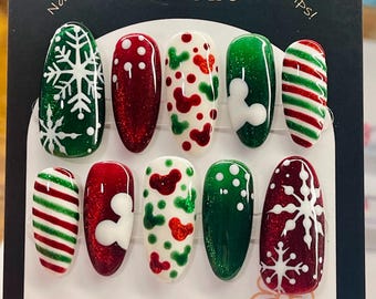 Custom Christmas Cateye Magical Mouse Icons Peppermint Stripes and Snowflakes False Nails
