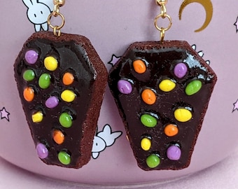 Halloween Coffin Cosmic Brownie Earrings: Spooky Snack Cake Jewelry