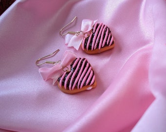 Chocolate Delight Heart Donut Earrings, Valentine's Day Earrings, Cute Gift Jewelry