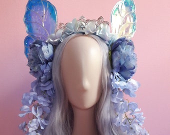 Azure Peony Fairy Wing Crown, Flower Crown, Fairy Crown, Fairy Headdress, Flower Headpiece, Fairy Wings, Floral Crown, Forest Fairy Crown