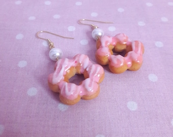 Pink Strawberry Mochi Donut Earrings, Cute Kawaii Earrings, Food Jewelry, Miniature Food, Donut Earrings, Cute Gift Jewelry