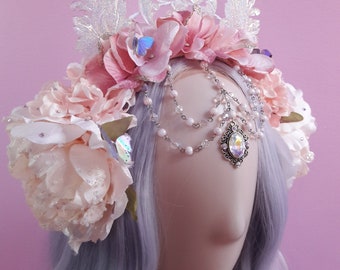 Crystal Blush Snow Fairy Crown, Flower Crown, Fantasy Crown, Fairy Headdress, Flower Headdress, Floral Headpiece, Fairy Headpiece