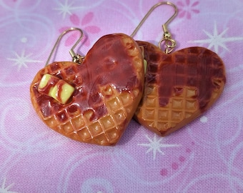 Waffle Heart Earrings, Statement Earrings, Polymer clay earrings, food jewelry, kawaii earrings, gifts for her