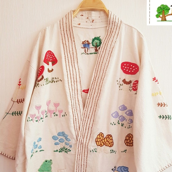 Hand embroidery robe cardigan, mushroom, insect - Made to Order - not an embroidery kit