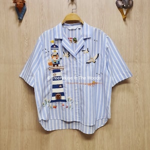 Hand Embroidery Shirt, Linen, Lighthouse, Fox, Ship, Ocean, Sea - Made To Order