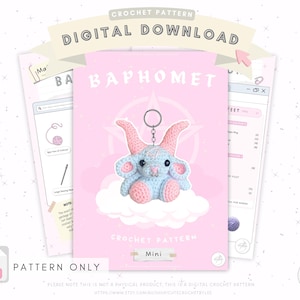 May include: A digital crochet pattern featuring a blue and pink Baphomet design. The image shows a crocheted Baphomet on a pink background with the words "BAPHOMET" and "CROCHET PATTERN" displayed. The words "DIGITAL DOWNLOAD" and "PATTERN ONLY" are also visible.