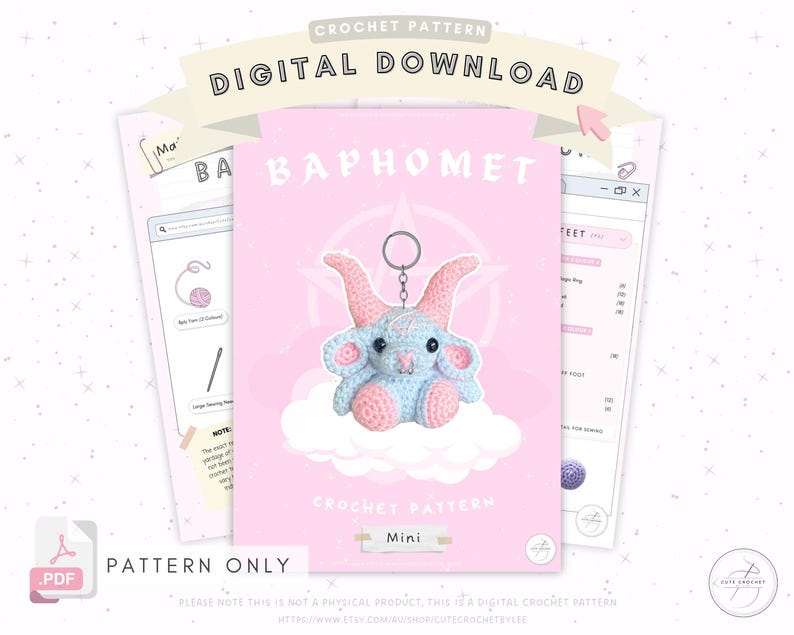 May include: A digital crochet pattern featuring a blue and pink Baphomet design. The image shows a crocheted Baphomet on a pink background with the words "BAPHOMET" and "CROCHET PATTERN" displayed. The words "DIGITAL DOWNLOAD" and "PATTERN ONLY" are also visible.