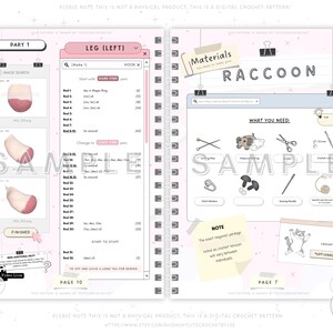 以下が含まれることがあります： アライグマの編みぐるみを作るためのデジタルな編み物パターンです。パターンには、材料リスト、手順、完成した製品の画像が含まれています。パターンは「Raccoon」というタイトルで、「What you need:」と「Optional」というテキストが含まれています。