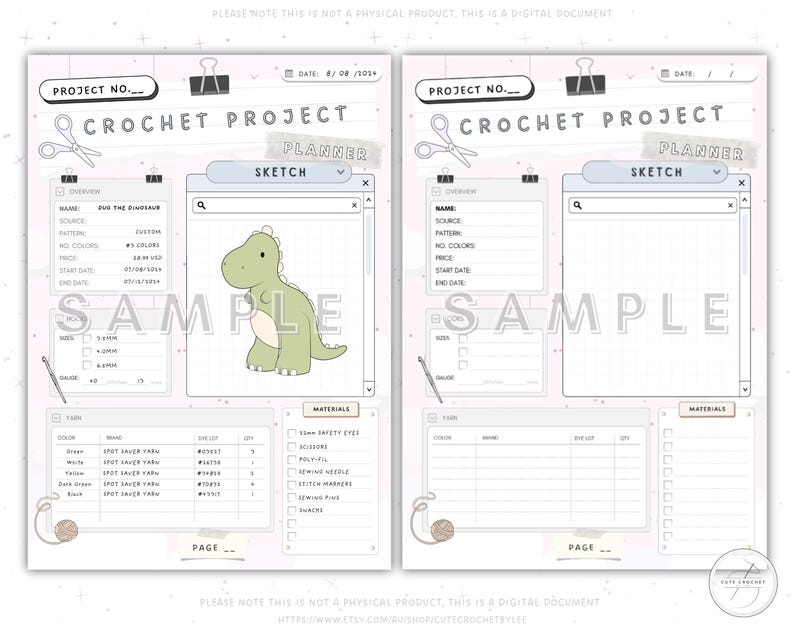 May include: A printable crochet project planner with a dinosaur sketch. The planner includes sections for project name, source, pattern, colors, price, start date, end date, yarn, and materials.