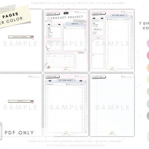 May include: A printable crochet project planner with 6 pages per color and 7 different color options. The planner includes sections for project details, pattern drafts, and notes. The text "PDF ONLY" is displayed at the bottom of the image.