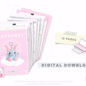 May include: A digital crochet pattern titled "Baphomet" with a mini crochet design. The pattern includes 12 pages and is available for digital download. The cover features a blue and pink crochet design of a creature on a cloud.