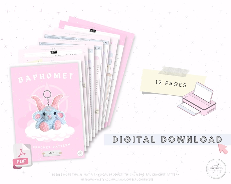 May include: A digital crochet pattern titled "Baphomet" with a mini crochet design. The pattern includes 12 pages and is available for digital download. The cover features a blue and pink crochet design of a creature on a cloud.