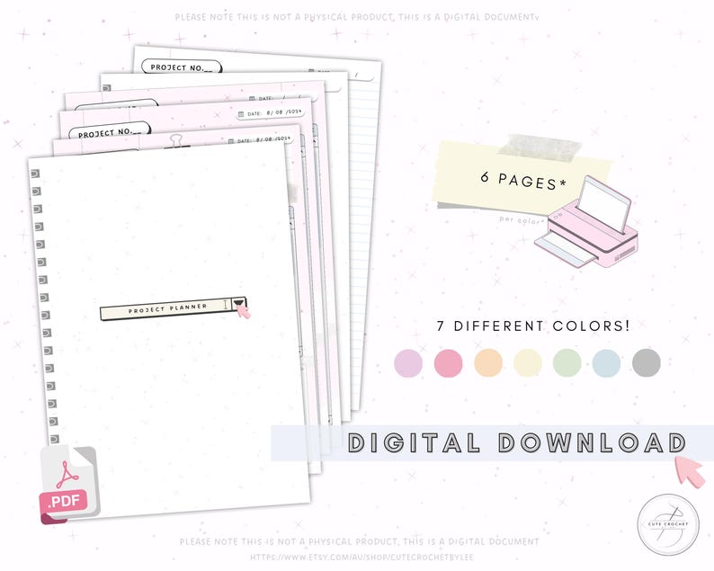 May include: A digital download of a project planner with 6 pages and 7 different color options. The planner has a pink and white color scheme and includes a project number section, a project planner section, and a section for notes. The text "6 Pages*" and "7 Different Colors!" is included in the image.