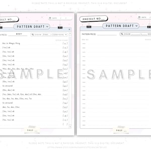 May include: A printable crochet pattern draft with two pages. The pages are divided into sections for project number, date, pattern piece, body, color, hook, and stitch count. The pages are decorated with a light pink background and a white star pattern.
