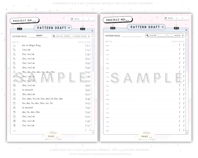 May include: A printable crochet pattern draft with two pages. The pages are divided into sections for project number, date, pattern piece, body, color, hook, and stitch count. The pages are decorated with a light pink background and a white star pattern.