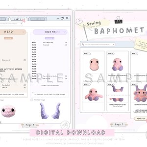 May include: Digital crochet pattern pages with instructions for creating a Baphomet figure. The pages show step-by-step assembly instructions, including the head, horns, and body parts. The text includes the words "SAMPLE" and "DIGITAL DOWNLOAD".
