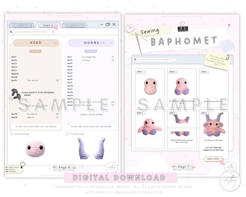 May include: Digital crochet pattern pages with instructions for creating a Baphomet figure. The pages show step-by-step assembly instructions, including the head, horns, and body parts. The text includes the words "SAMPLE" and "DIGITAL DOWNLOAD".