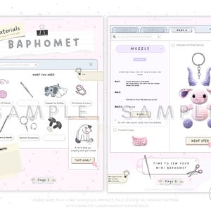 May include: Two-page digital crochet pattern with a light pink background. Page 2 shows materials needed, including yarn, a crochet hook, and stuffing. Page 6 shows the finished mini Baphomet, with instructions for the muzzle.