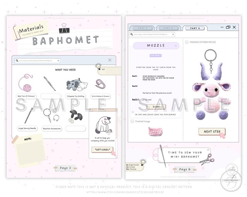 May include: Two-page digital crochet pattern with a light pink background. Page 2 shows materials needed, including yarn, a crochet hook, and stuffing. Page 6 shows the finished mini Baphomet, with instructions for the muzzle.