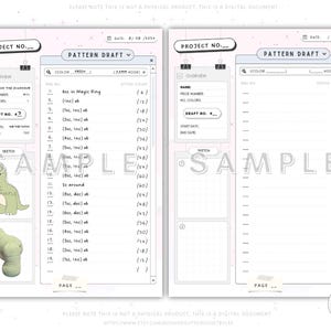 May include: A printable crochet pattern planner with a green dinosaur and a green sock sketch. The planner includes sections for project details, color, hook size, stitch count, and a sketch area.