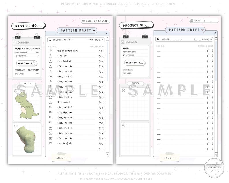 May include: A printable crochet pattern planner with a green dinosaur and a green sock sketch. The planner includes sections for project details, color, hook size, stitch count, and a sketch area.