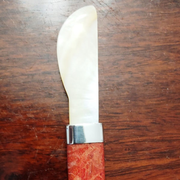 Pate Knife - Red Coral ( Garguna melinthia) handle with Sterling Silver Hilt and Mother of Pearl Blade.