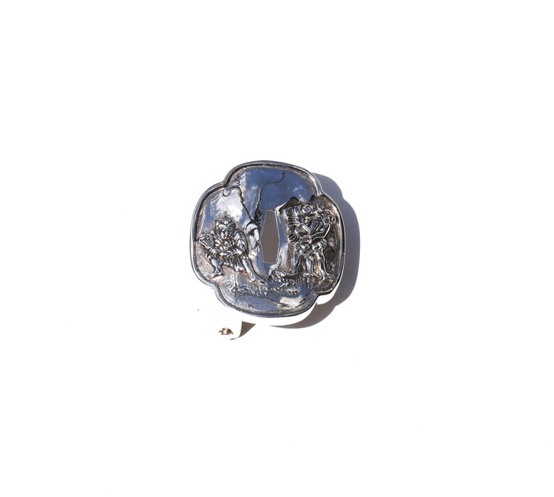 Antique Samurai Tsuba Warrior Design made into a Sterling Silver Belt Buckle