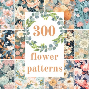 Könnte beinhalten: Eine Collage aus neun floralen Mustern mit verschiedenen Blumen und Farben. Der Text "300 Blumenmuster" befindet sich in der Mitte des Bildes.