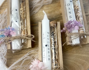 Stick candle with saying/wish fulfiller in a wooden box