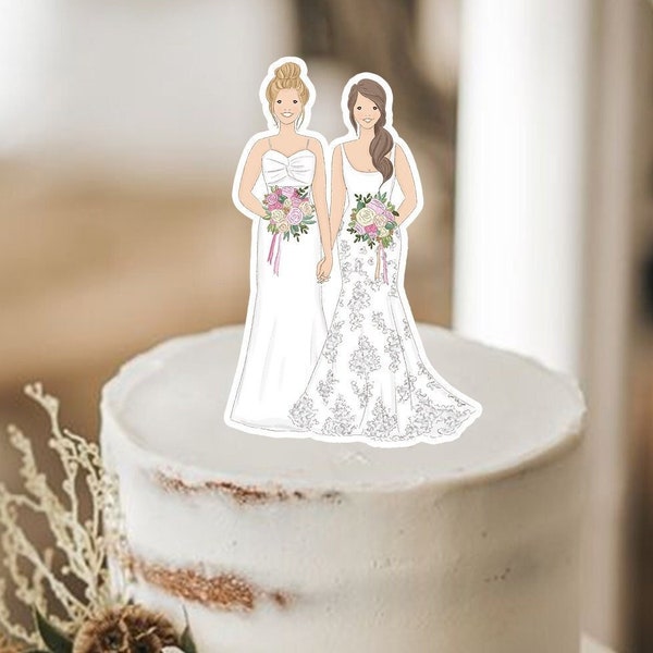 Gay Wedding Cake Topper, Gay Cake Toppers, Gay Wedding Portrait, Custom Wedding Portrait Drawing, Couple bride and bride people figures