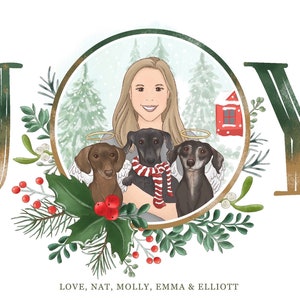 Ilustración personalizada de retratos familiares de Navidad - Dibujo personalizado de dibujos animados en acuarela con mascotas - Impresión digital