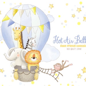 Heißluftballon Tiere Aquarell Clipart, Heißluftballon Baby Clipart süße Tiere mit Luftballons zeichnen, digitale Grafik Baby Jungen