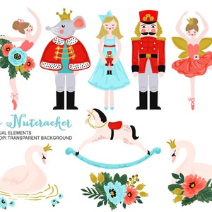 Nutcracker clip art, Christmas ballet graphic, digital watercolor nutcracker clipart, vintage toy holiday clip art, swan illustration