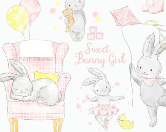 Bunny clipart, Baby Girl Watercolor bunny clipart, Cute Bunny is 1, floral bunny ears clip art, 1st birthday clip art, baby bonny wreath