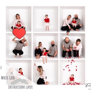 May include: A family of three poses in a white grid of nine boxes. The parents are holding a red heart and a small child is sitting in a box with red rose petals falling around them.