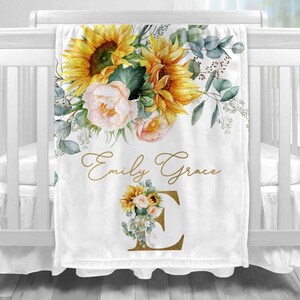 Initials Monogram Sunflower Blanket Receiving Blanket Nursery Bedding Personalized Blanket Swaddle Blanket Baby Shower Gift Newborn