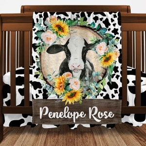 Cow Print Baby Blanket girl Custom Baby Blanket Sunflower Receiving Nursery Bedding Personalized Blanket Farm Swaddle Blanket