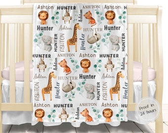 Baby boy Blanket name Personalized minky fleece Custom crib bedding Jungle Safari nursery blanket  Hospital newborn gift blanket Infant