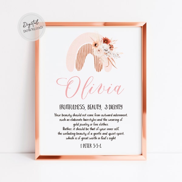 Benutzerdefinierte Namensbedeutung Biblische Namensbedeutung mit Bibelvers Olivia Print art Zeichen Kinderzimmer Name Zeichen Mädchen Boho Regenbogen Schrift Christian