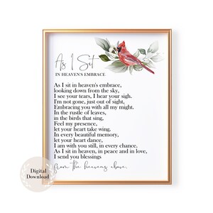 Mientras me siento en el cielo, Mensajero cardenal, Arte de poema cristiano, Verso conmemorativo, Poemas de recuerdo para funerales, Descarga de Carta del cielo,